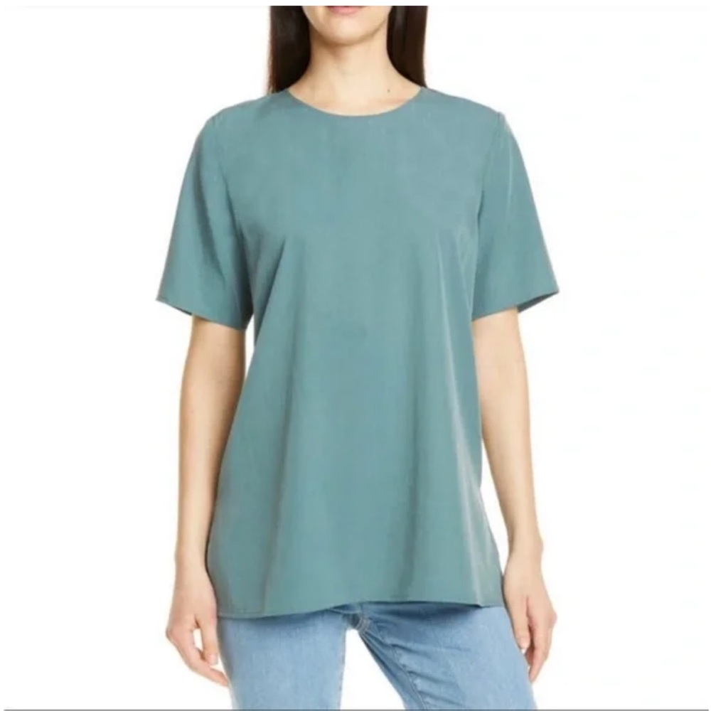 EILEEN FISHER Sandwashes sage green Box round neck short sleeve shirt Top Sz XS